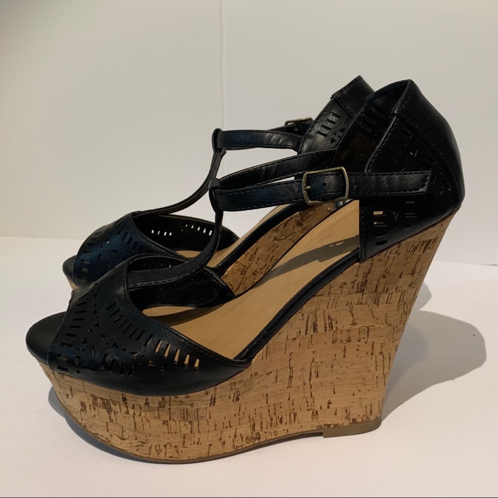 Heart in D Black T-Strap Cork Wedges